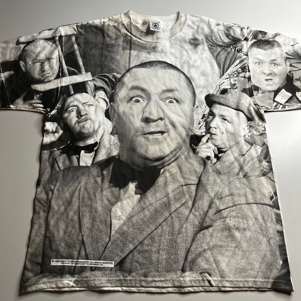 Vintage 1998 Three Stooges All Over Print T-Shirt Delta Magnum Weight XL Gray